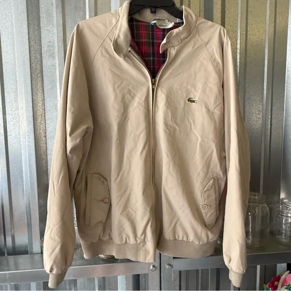 *VINTAGE* IZOD LACOSTE Plaid Lined Full Zip khaki Jacket - Size Large - Picture 1 of 10